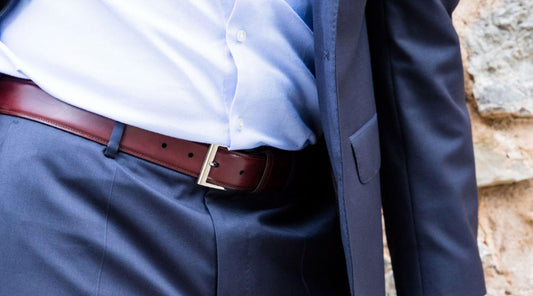 Man in A Blue Suit With A Buffed Mahogany Leather Belt 