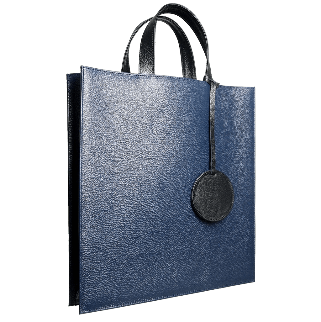 Pebbled Leather Briefcase Tote Bag Navy