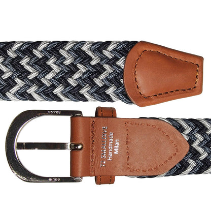 30 mm Width Tri-colored Viscose Belt in Airforce Navy and Silver With Buffed Leather Trimming