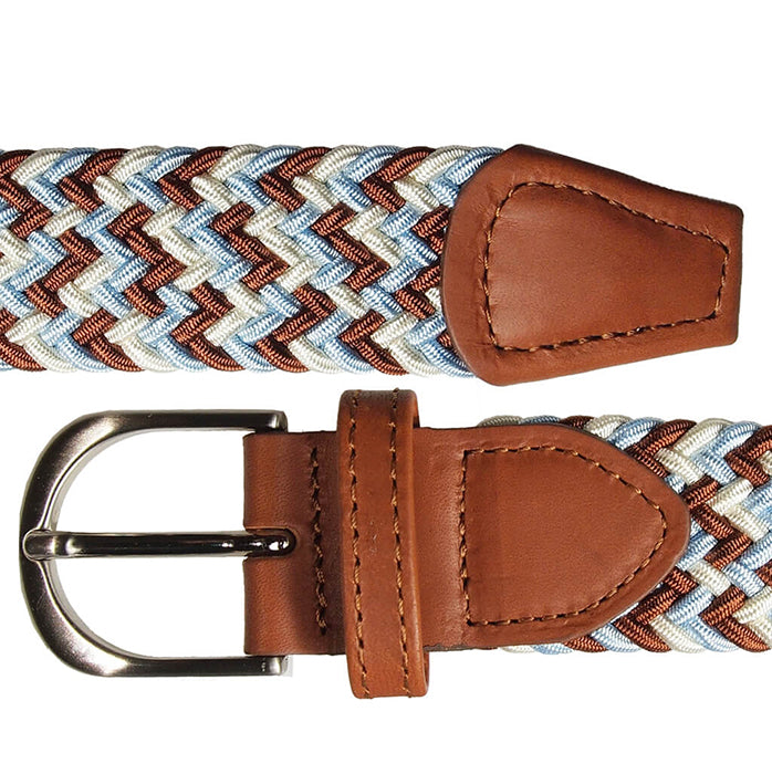 30 mm Width Tri-Colored Viscose Belt in Sky Blue Brown and Ivory With Buffed Leather Trimming
