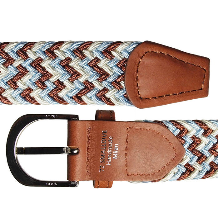 30 mm Width Tri-Colored Viscose Belt in Sky Blue Brown and Ivory With Buffed Leather Trimming