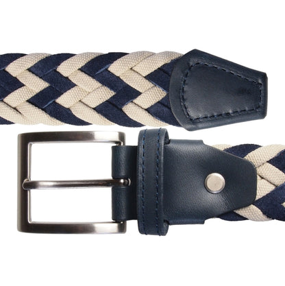    72SMALLDIVE 34mm Braided Suede & Cotton Braided Belt in Navy & White Flatlay Image 02