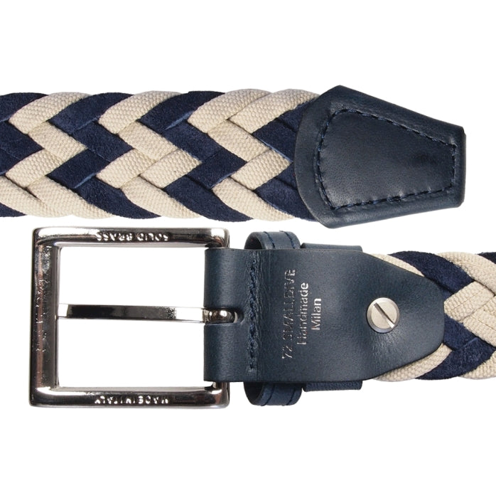    72SMALLDIVE 34mm Braided Suede & Cotton Braided Belt in Navy & White Flatlay Image 03