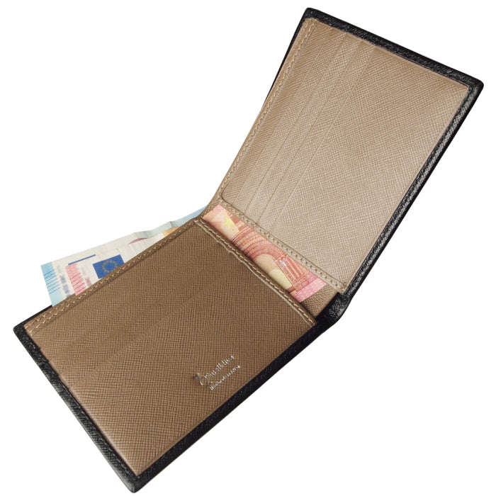72 SMALLDIVE Black Saffiano Leather Slim Billfold 8 Card Slots Opened Wallet Showing Bank Notes Sleeves