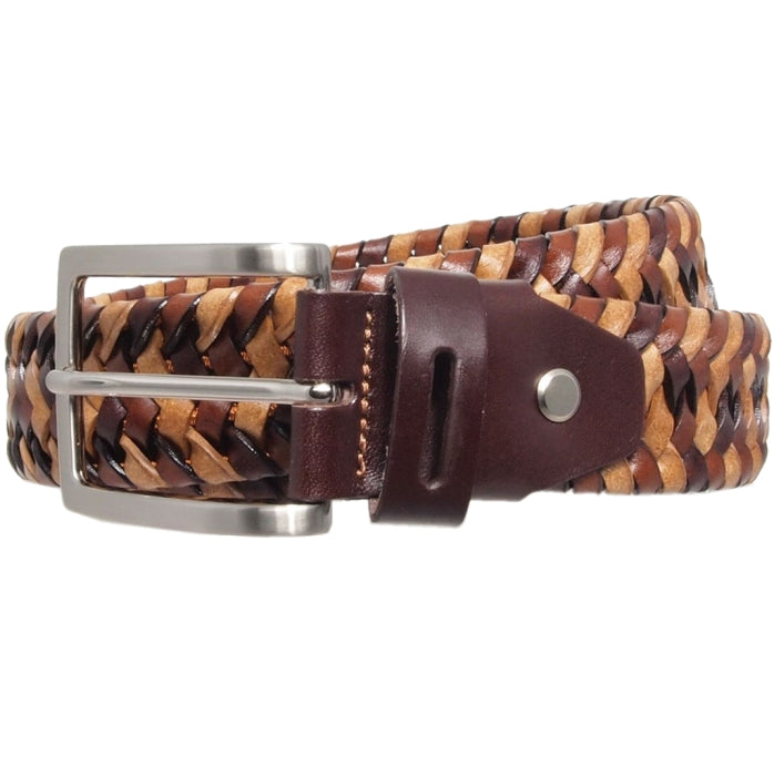 72SMALLDIVE Tri Colored Leather Elastic Weave Belt in Tan Brown Oak Sizes S To XXXL Image 01