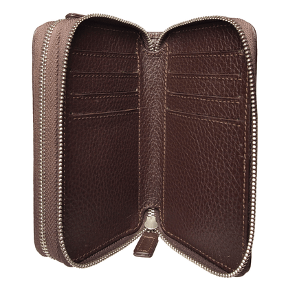 8 Credit Card Dual-Zip Pebbled Leather Wallet Brown
