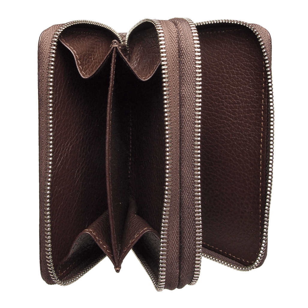 8 Credit Card Dual-Zip Pebbled Leather Wallet Brown