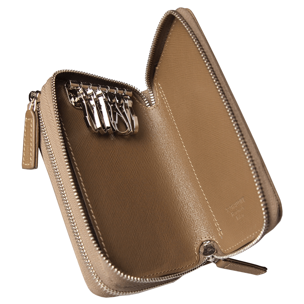 Dual-Zip Saffiano Leather Key Pouch Taupe