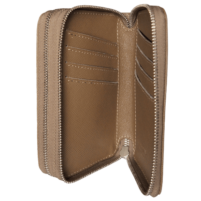 8 Credit Card Dual-Zip Saffiano Leather Wallet Taupe